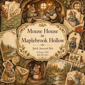 May include: A junk journal kit titled Mouse House in Maplebrook Hollow featuring illustrations of anthropomorphic mice in a woodland setting, including paper tags, envelopes, and landscape scenes with autumn foliage in shades of brown and green.