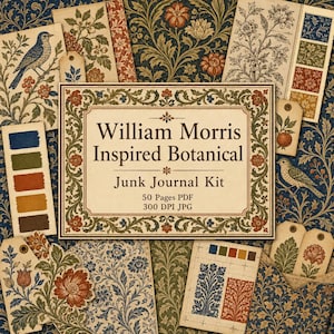 May include: A William Morris Inspired Botanical Junk Journal Kit featuring 50 pages in PDF and 300 DPI JPG formats. The collection includes various paper sheets, tags, and cards decorated with intricate floral, leaf, and bird illustrations.