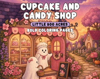 Cupcake and Candy Shop in Little Boo Acres Coloring Pages Spooky Cute Ghosts Sweets Printable PDF and Transparent PNG for Procreate