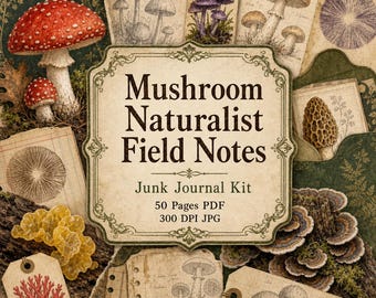 Mushroom Naturalist Field Notes Junk Journal Kit printable Ephemera woodland Pages mushrooms Fussy Cuts Naturalist Field Notes Series