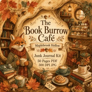 May include: A digital junk journal kit titled The Book Burrow Café featuring a fox wearing glasses and a scarf, surrounded by books, autumn leaves, coffee cups, a cinnamon roll, and a cozy cafe interior scene with 50 pages in PDF and 300 DPI JPG.