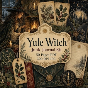 以下が含まれることがあります： Yule Witchジャンクジャーナルキット。PDF形式の50ページと300 DPIのJPG画像が含まれています。暖炉のそばの魔女、ヒイラギ、松ぼっくり、常緑樹、金色の太陽のモチーフが描かれた装飾的なタグが、ダークグリーンとクリーム色の背景にデザインされています。