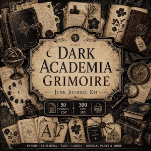 Può includere: Un kit digitale per junk journal intitolato Dark Academia Grimoire con 50 pagine in formato PDF e JPG a 300 DPI. La collezione include carte, effimeri, etichette e pagine di diario in stile vintage con illustrazioni botaniche e celesti.