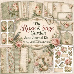 Può includere: Un kit digitale per junk journal intitolato The Rose & Sage Garden che include 50 pagine in formato PDF e JPG a 300 DPI. La collezione presenta motivi floreali con rose, uccelli, farfalle, buste e scritte vintage su carta color verde salvia.