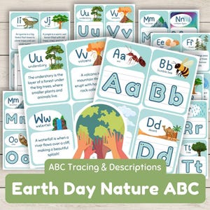 Schede di tracciamento dell'alfabeto per la giornata della Terra - Riconoscimento delle lettere e vocabolario sulla natura, Schede didattiche stampabili per la scuola materna, Schede ABC per il curriculum della scuola materna