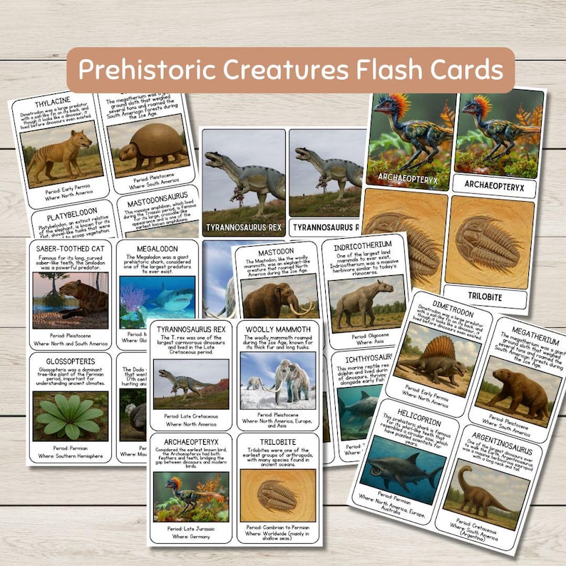 May include: A set of flash cards illustrating prehistoric creatures, including the Tyrannosaurus Rex and Woolly Mammoth. Each card has an image and descriptive text. The cards are designed for educational use, with the title "Prehistoric Creatures Flash Cards" at the top.