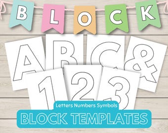 May include: Printable block letter, number, and symbol templates. The templates are black and white and feature letters A, B, C, and the ampersand symbol, as well as numbers 1, 2, and 3. The text "Letters Numbers Symbols BLOCK TEMPLATES" is at the bottom of the image.