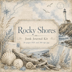 Rocky Shores Junk Journal Kit | Coastal Nautical Printable Pages | Vintage Lighthouse Seashell Ephemera | 300 DPI Digital Download