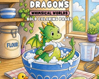 Pocket Dragons Coloring Pages Whimsical Dragon Garden Tea and Toy Printable PDF and Transparent PNG for Procreate Digital Coloring