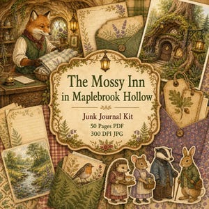 Könnte beinhalten: Ein Junk-Journal-Set mit dem Titel The Mossy Inn in Maplebrook Hollow, bestehend aus 50 PDF-Seiten und 300 DPI JPG-Dateien. Die Sammlung enthält Illustrationen von Fuchs, Igel, Maus, Dachs und Hase sowie florale Schreibwaren, Umschläge und Naturszenen.