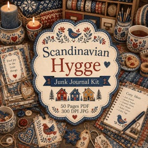 Może przedstawiać: Zestaw do junk journalu Scandinavian Hygge z centralnym, falistym znakiem z napisem Scandinavian Hygge Junk Journal Kit, 50 Pages PDF, 300 DPI JPG, otoczony papierowymi dodatkami, niebieskimi świecami, kubkami i notatnikiem z napisem Cozy Ideas.
