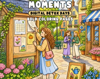 Village Moments Coloring Pages Bold Village Scenes Printable PDF and Transparent PNG for Procreate