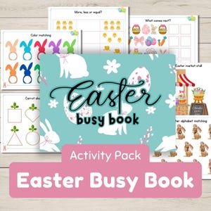 Peut inclure: Un pack d'activités de livre d'occupation de Pâques avec un motif de lapin bleu et blanc. La couverture indique "Easter busy book" et "Activity Pack". Les pages comprennent des activités comme la correspondance des couleurs, le comptage et la correspondance des lettres.