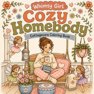May include: A whimsical illustration of a coloring book cover titled "Whimsy Girl Cozy Homebody Cottagecore Coloring Book." The image features a woman sitting on a swing, holding a mug and a book, surrounded by fairies and floral decorations.