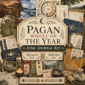 Könnte beinhalten: Ein Pagan Wheel of the Year Junk-Journal-Set mit einer Sammlung bedruckter Papier-Ephemera, darunter Karten, Anhänger und Umschläge mit botanischen, himmlischen und saisonalen Illustrationen sowie Textbeschriftungen wie Winter Solstice und Samhain.