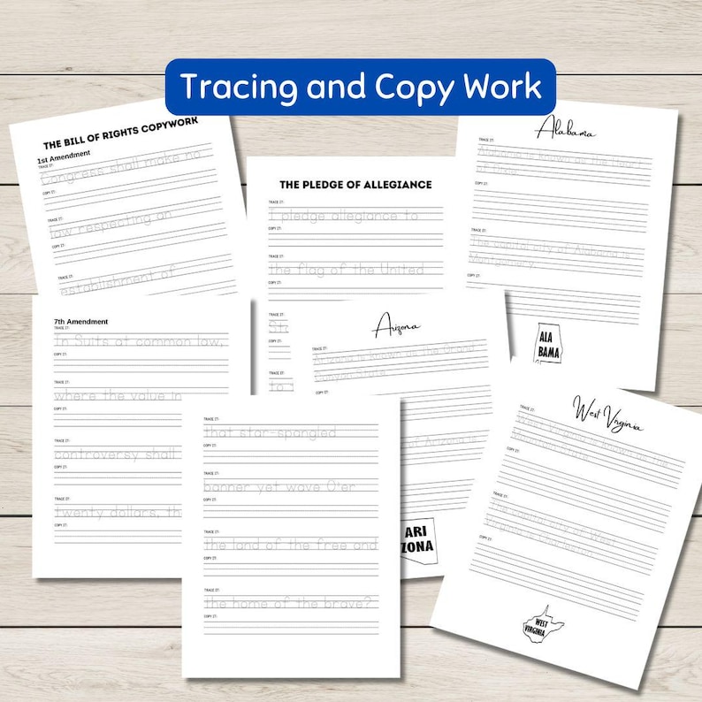 May include: A collection of white paper worksheets for tracing and copy work. The worksheets include text from the Bill of Rights, the Pledge of Allegiance, and state names. The text is in black, with lines for tracing and copying.