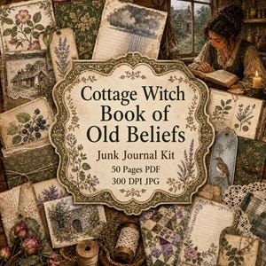 Cottage Witch Book of Old Beliefs Junk Journal Kit Folkmagi Ephemera Utskrivbara Sidor Fussy Cuts Häxans Arbetsbiblioteksserie