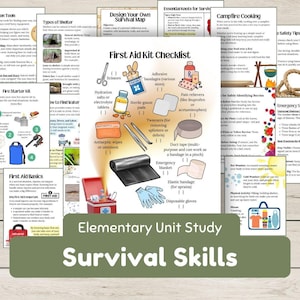 以下が含まれることがあります： 「サバイバルスキル」というタイトルのカラフルな印刷可能なポスターと、救急箱の必需品のチェックリスト。ポスターには、包帯、ガーゼ、消毒ワイプ、鎮痛剤などのイラストが描かれています。