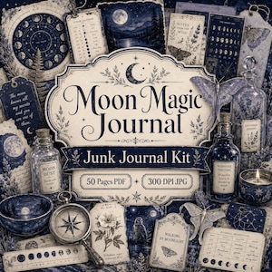 Puede incluir: Un kit de junk journal Moon Magic Journal que incluye una colección de efímeros celestiales y botánicos. La etiqueta central muestra el texto Moon Magic Journal, Junk Journal Kit, 50 Pages PDF y 300 DPI JPG, rodeado de cartas lunares, frascos de vidrio, una brújula, polillas e ilustraciones florales en tonos azul profundo y crema.