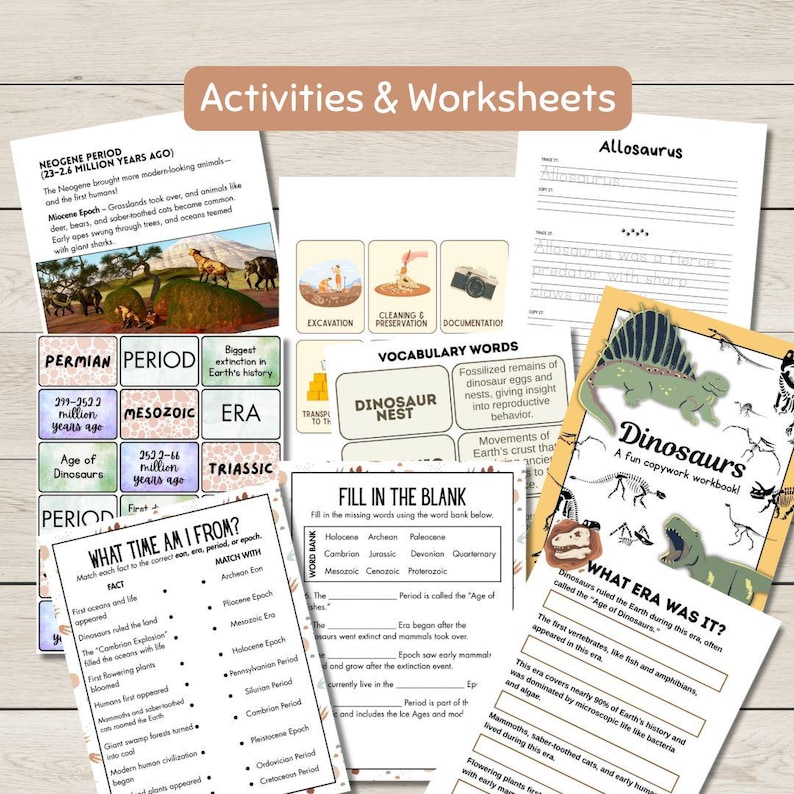 May include: Educational worksheets and activities about dinosaurs and the prehistoric era. The worksheets include fill-in-the-blank exercises, vocabulary words, and copywork pages. The color scheme is primarily white, with accents of yellow, green, and brown.