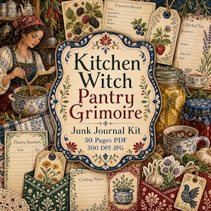 Può includere: Un kit digitale per junk journal intitolato Kitchen Witch Pantry Grimoire con 50 pagine PDF e file JPG a 300 DPI. Il design include illustrazioni di una persona che cucina, schede di inventario, etichette per tisane e motivi botanici.