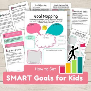 May include: An educational poster titled "How to Set SMART Goals for Kids." The poster features diagrams and text boxes for goal planning, with the words "Strengths" and "Challenges" visible. The color scheme includes pink, blue, and green.