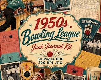 1950s Bowling League Junk Journal Kit, Retro Printable Papers and Vintage Fussy Cuts and Ephemera