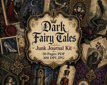 May include: A digital junk journal kit titled Dark Fairy Tales featuring 50 pages in PDF and 300 DPI JPG formats. The collection includes various illustrations of classic fairy tale characters, ornate frames, keys, and roses in a dark aesthetic.