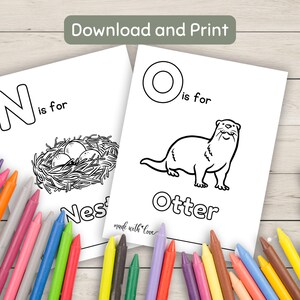 K&ouml;nnte beinhalten: Schwarz-wei&szlig;e druckbare Malvorlagen mit den Buchstaben N und O, mit Illustrationen eines Nestes und eines Otters. Der Text "N ist f&uuml;r Nest" und "O ist f&uuml;r Otter" ist auf den Seiten enthalten.