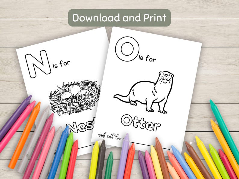 K&ouml;nnte beinhalten: Schwarz-wei&szlig;e druckbare Malvorlagen mit den Buchstaben N und O, mit Illustrationen eines Nestes und eines Otters. Der Text "N ist f&uuml;r Nest" und "O ist f&uuml;r Otter" ist auf den Seiten enthalten.