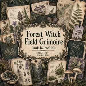 Op de afbeelding: Een digitale junk journal kit getiteld Forest Witch Field Grimoire, met 50 pagina's in PDF- en 300 DPI JPG-formaat. De collectie bevat botanische illustraties van varens, paddenstoelen en bosscènes op vintage papiertexturen.
