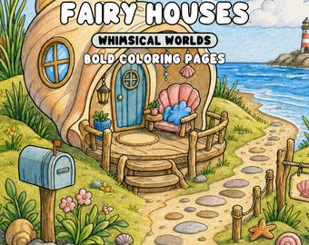 Seaside Fairy Houses Coloring Pages Bold Coastal Fairies Shell Homes Printable PDF and Transparent PNG for Procreate Digital Coloring