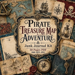 Op de afbeelding: Een digitale junk journal kit met een centraal versierd kader met de tekst Pirate Treasure Map Adventure, Junk Journal Kit, 50 Pages PDF, 300 DPI JPG. De achtergrond bevat vintage kaarten, een schip, een kompas en een schedel met gekruiste beenderen.
