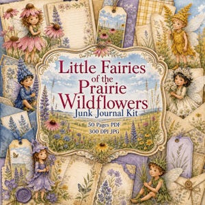 May include: A digital junk journal kit titled Little Fairies of the Prairie Wildflowers, featuring 50 PDF pages and 300 DPI JPG files. The design includes illustrations of fairies in floral outfits, prairie landscapes, and wildflowers in soft tones.