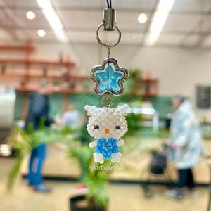 May include: A beaded charm featuring a white owl figure in a blue outfit, suspended from a silver-toned star-shaped pendant with a blue center. The charm is attached to a black cord. The text "nyastiesbeads" is visible.
