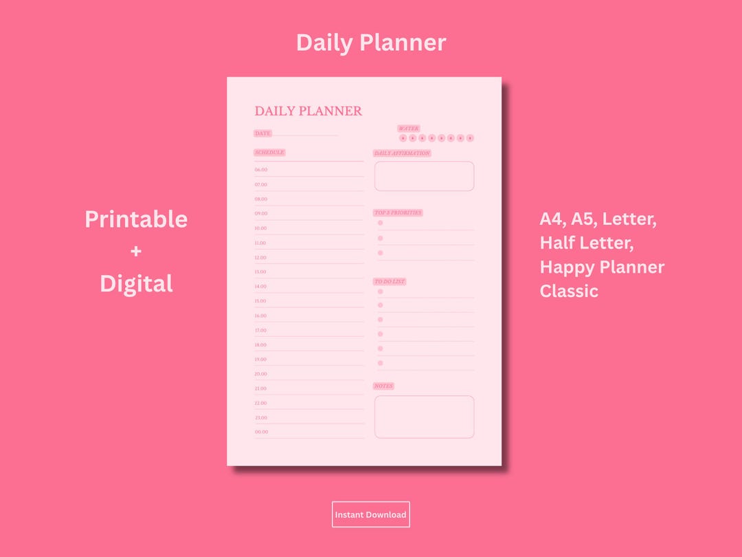 Pink Daily Planner Printable: Minimalist Digital Template (A4, A5 ...