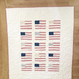 K&ouml;nnte beinhalten: Eine wei&szlig;e Steppdecke mit rotem Vichy-Rand und einem Muster aus amerikanischen Flaggen. Jede Flagge hat rot-wei&szlig;e Streifen und ein blaues Quadrat mit wei&szlig;en Sternen oder anderen Mustern. Die Steppdecke ist mit einem wellenf&ouml;rmigen Muster gesteppt.