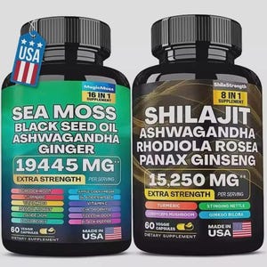 以下が含まれることがあります： 黒いプラスチック製のサプリメントボトル2本。左のボトルにはMagicMoss 16 in 1 Sea Moss, Black Seed Oil, Ashwagandha, Ginger, 19,445 MGと記載されています。右のボトルにはShilaStrength 8 in 1 Shilajit, Ashwagandha, Rhodiola Rosea, Panax Ginseng, 15,250 MGと記載されています。どちらも60粒の植物性カプセル入りです。