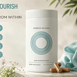 May include: A white cylindrical bottle of Women's Balance dietary supplement with 120 capsules. The label features the text Nourish From Within, Hair Nutraceutical, and a teal circular graphic. Three brown capsules are placed in front of the bottle.