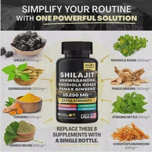 以下が含まれることがあります： Shilajit、Ashwagandha、Rhodiola Rosea、Panax Ginsengとラベルされた黒いサプリメントボトル。15,250mg、ベジカプセル60粒入り、米国製。ボトルの周囲には、8種類の成分の画像とそれぞれの含有量が記載されています。