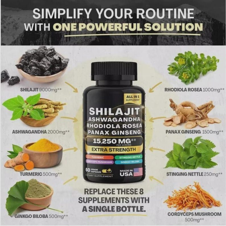 以下が含まれることがあります： Shilajit、Ashwagandha、Rhodiola Rosea、Panax Ginsengとラベルされた黒いサプリメントボトル。15,250mg、ベジカプセル60粒入り、米国製。ボトルの周囲には、8種類の成分の画像とそれぞれの含有量が記載されています。