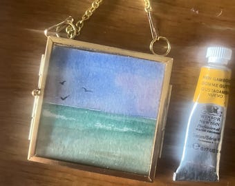 Hand-Painted Miniature Seascape framed Art, Framed Watercolor Chain Art