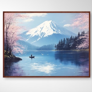 Mt Fuji Painting, Culture Art, Mount Fuji Artwork, Japanese landscape, Cherry Blossoms, Minimalist Home Wall Decor