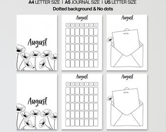August Journal Page, Minimalist Calendar Insert, Floral Design (Digital Download)