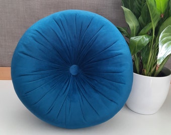 Teal Handmade Velvet Decorative Cushion Round With Button Detail