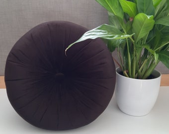 Brown Round Decorative Cushion Velvet Fabric  Chocolate Brown Pillow With Button Detail