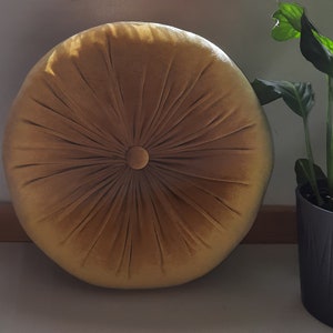 Mustard / Gold  Decorative Cushion Velvet Fabric Round With Button Detail