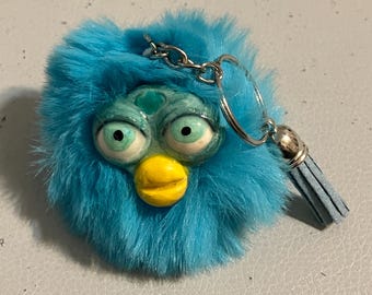 90s Nostalgia Furby Oddbody Keychain or Bag Clip Charm - Ocean Blue Puff & Hand-painted Clay Faceplate