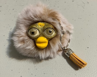 90s Nostalgia Furby Oddbody Keychain or Bag Clip Charm - Brown Gold Puff & Hand-painted Clay Faceplate
