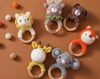 Sonajero de crochet personalizado con forma de animal, sonajero de crochet para bebé con anilla, sonajero de crochet grabado, sonajero de juguete con nombre, juguetes para baby shower, regalo para recién nacido